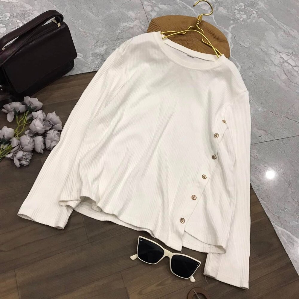 White Ribbed Button Side Knit Top - image 1